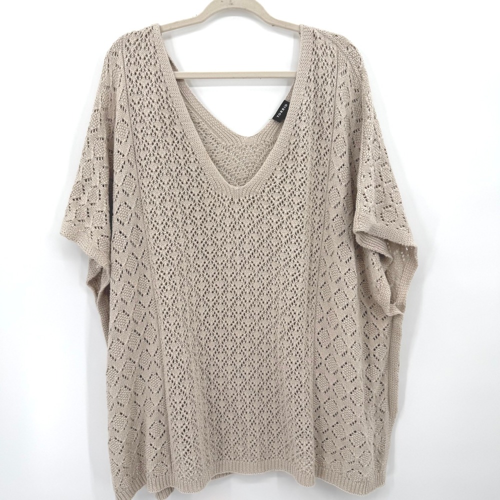 Torrid Oatmeal Beige Crochet Knit V Neck Poncho Top‎ Kimono Sleeve Plus Size 4